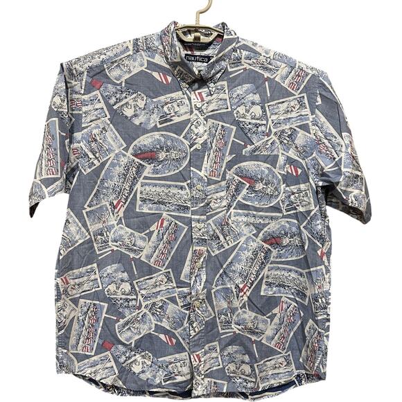 Nautica Shirt Mens XL Blue USA Button Up Postcards All Over Print 100% Cotton - Picture 1 of 7